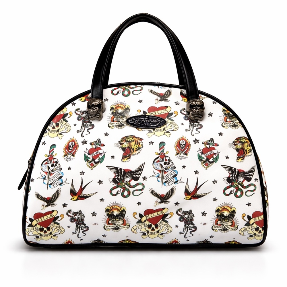 Ed Hardy Tattoo Print Insulated Lunch Tote Skull Bowler Crossbody White